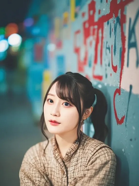 RAW photo, 8k, (Best Quality), realistic, (live-action, complicated details), (natural skin texture, detailed skin, hyperrealism, sharpness), (nightに汚れた路地裏に座っている日本人の女の子,  graffiti ed wall:1.3), ((Layered blouses, thoracic)), (pale skin:1.2, slim body), ((l...