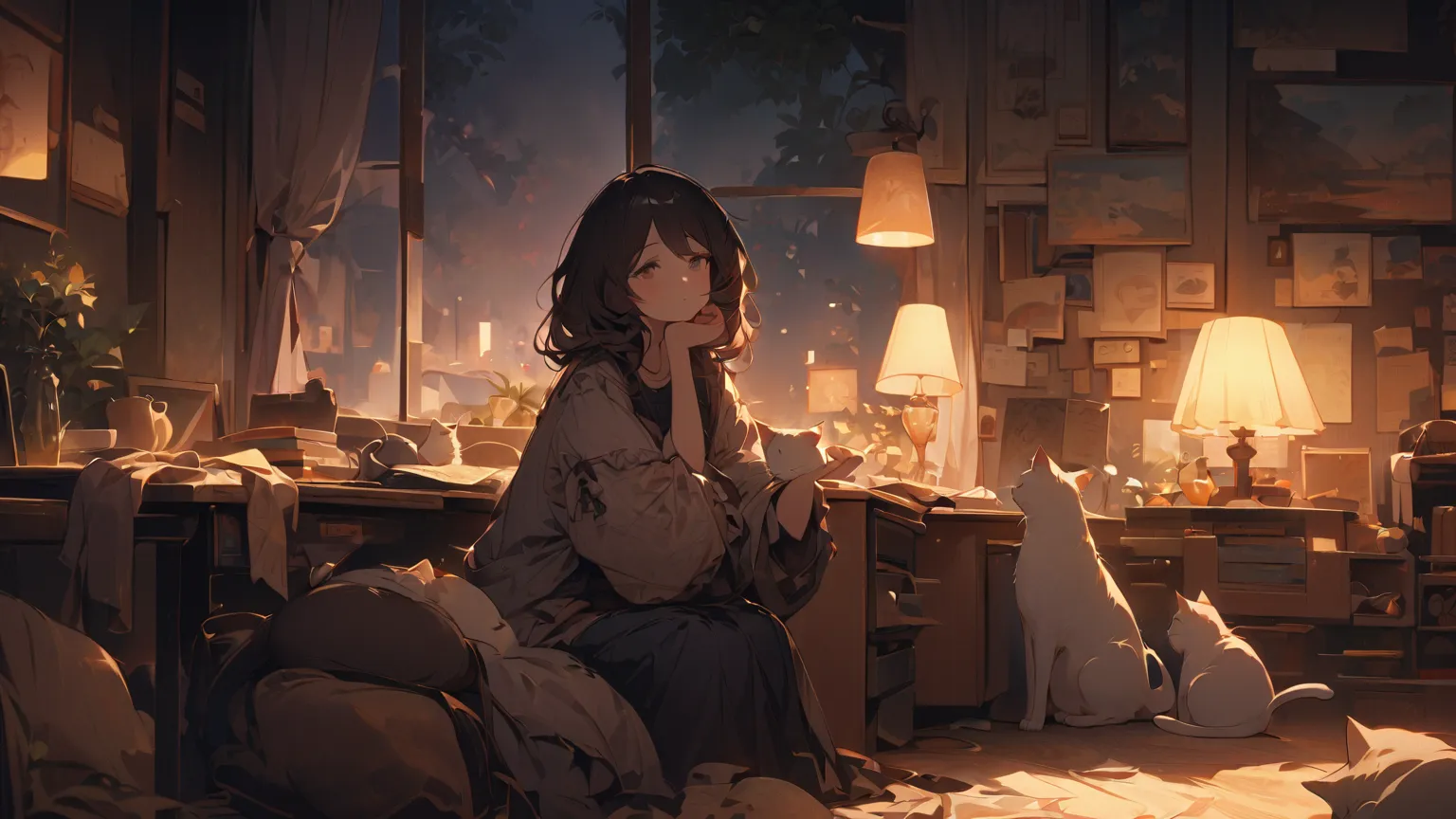 evening、A girl sitting in a cozy corner is pulling her guitar。The soft yellow light of the desk lamp illuminates her thoughtful expression。 shows deep concentration and a serene attitude 。 Her gentle gaze comforts the mind 。Adds ambiance to a quiet night 、...