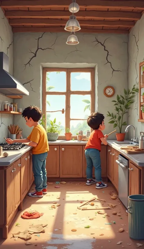 Create 3D Cartoon Style Image Scene ,4 A small, empty shop with cracked walls and a dusty floor. The four boys friends are cleaning and setting it up, painting the walls and assembling a simple kitchen setup.
