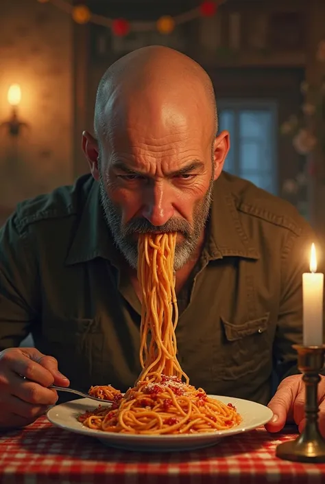 Bald man eating spaghetti