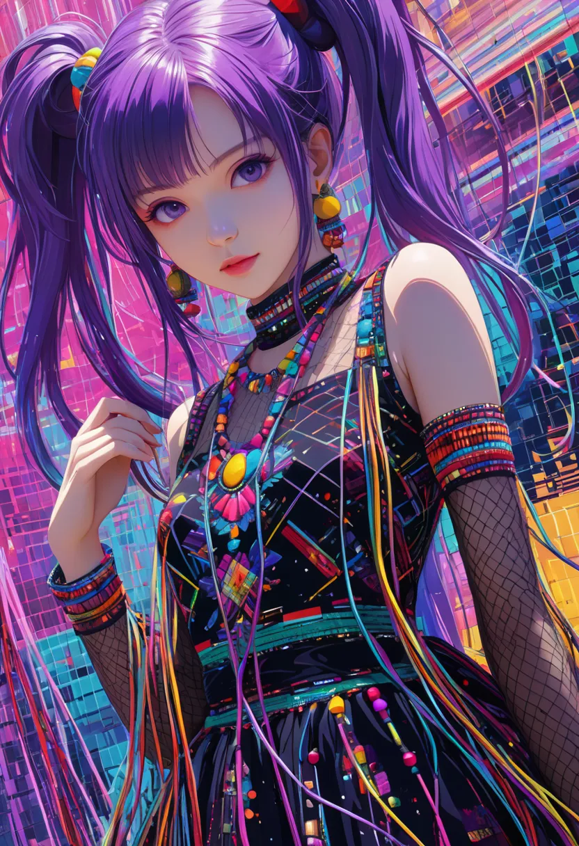 (abusseur dress with wire mesh, Hi-Res, Ultra High Definition), (1 girl:1.3), twin tails,  purple hair, break , glitch art, Digital Distortion,  Pixelated Fragments , Data Corruption, [ Coloured Noise , Visual clutter, contemporary aesthetics break , Ename...