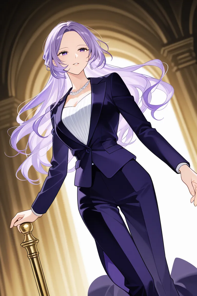 anime screencap, masterpiece, best quality, amazing quality, very aesthetic, newest, 1woman, purple hair, long hair, suit, tall, highres