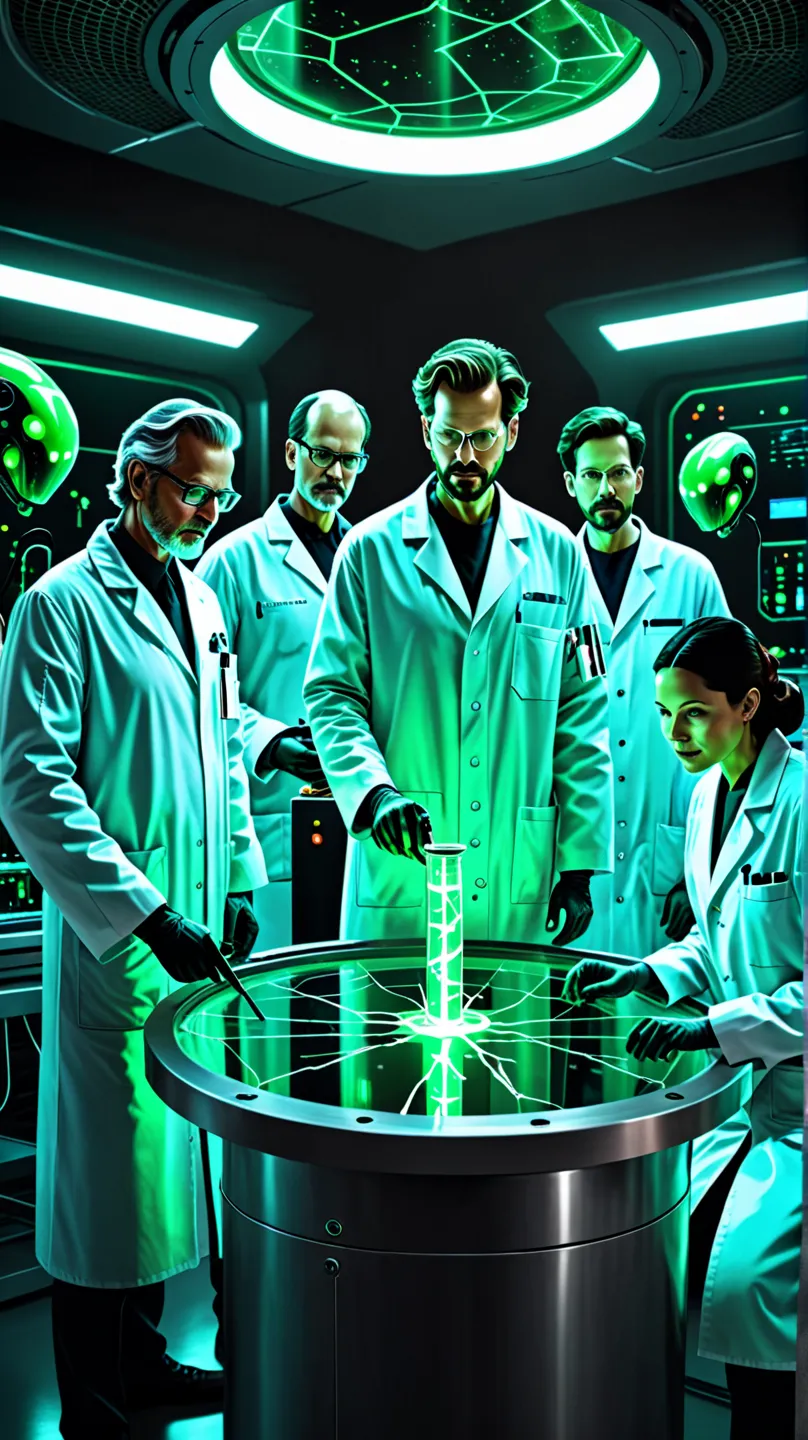 Generate an ultra-realistic 4K image of a group of scientists in a high-tech laboratory, gathered around a cracked containment tube. Inside the tube, a green-scaled alien glows under the dim laboratory lights. Its skin reflects the illumination from futuri...