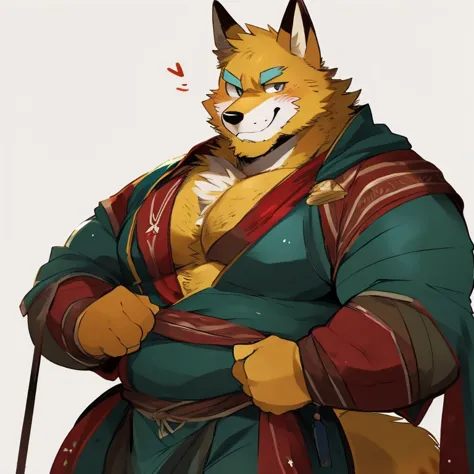 fox, furry, yellow fur, handsome, very muscular, very big, extremely hot and sexy, beard, hair, chest hair, charming eyes, solo, male, happy expression, daddy, full body, big body, red medieval clothes, middle aged, by hyaku, by darkgem, by glitter trap bo...