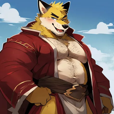 fox, furry, yellow fur, handsome, very muscular, very big, extremely hot and sexy, beard, hair, chest hair, charming eyes, solo, male, happy expression, daddy, full body, big body, red medieval clothes, middle aged, by hyaku, by darkgem, by glitter trap bo...