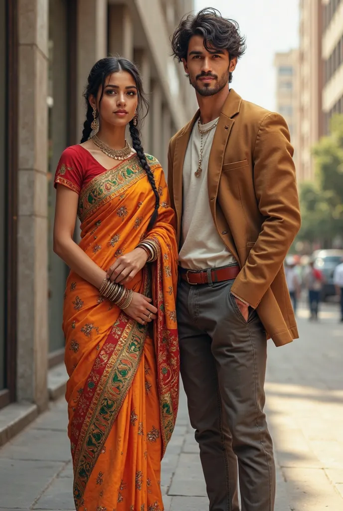 realistic cute indian woman in saree fair skinned age 22 (5’3) next to a realistic tall indian man 5’11 in modern outfit with curly hair and fair skinned and aged 24