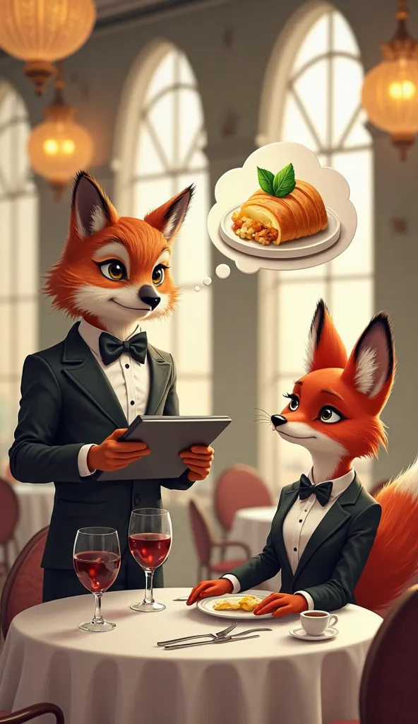 The image shows two anthropomorphic animals in one upscale restaurant. An owl wearing an elegant black tuxedo with a bow tie holds a menu or tablet, , appearing to be the waiter. On the other hand, the red fox, also dressed in a classic formal attire simil...