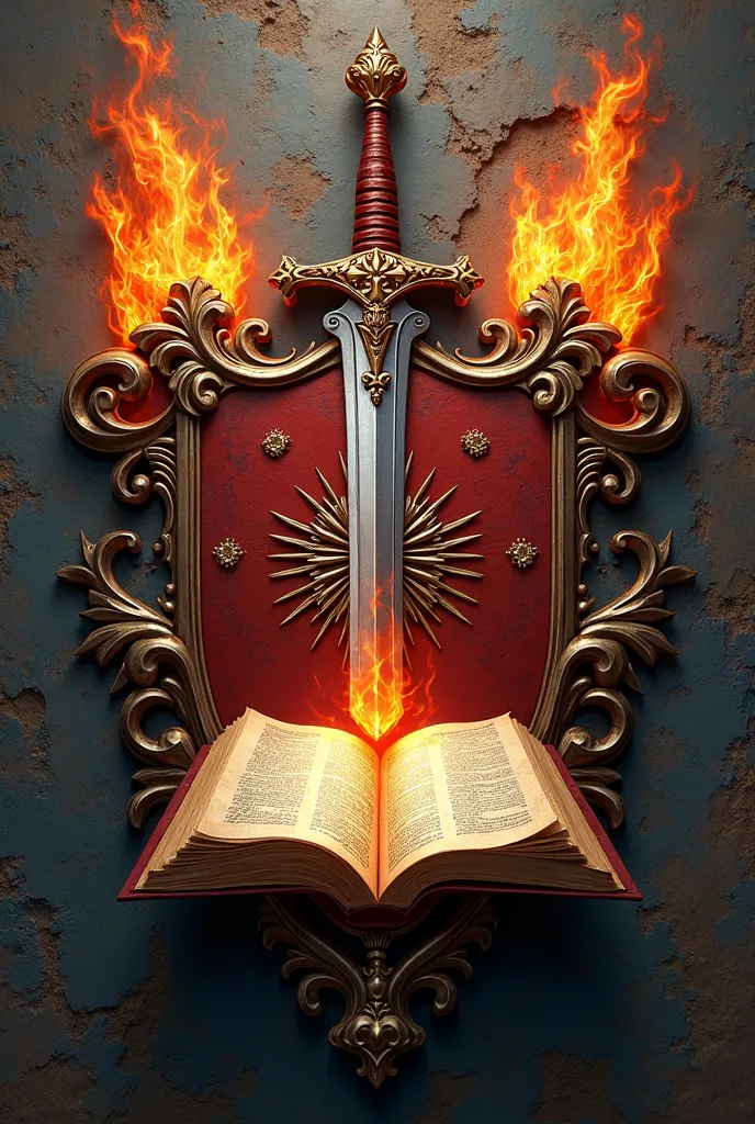 Create a coat of arms with the name forged from fire with a sword and an open Bible 