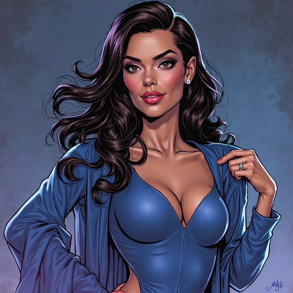 Carol Ferris de DC Comics âgée de 37 ans, mûre et sexy. Elle porte une robe moulante bleu nuit fendue sur le côté, qui épouse parfaitement ses courbes, avec des escarpins noirs vernis. Ses longs cheveux bruns sont lâchés en vagues, et son maquillage est él...