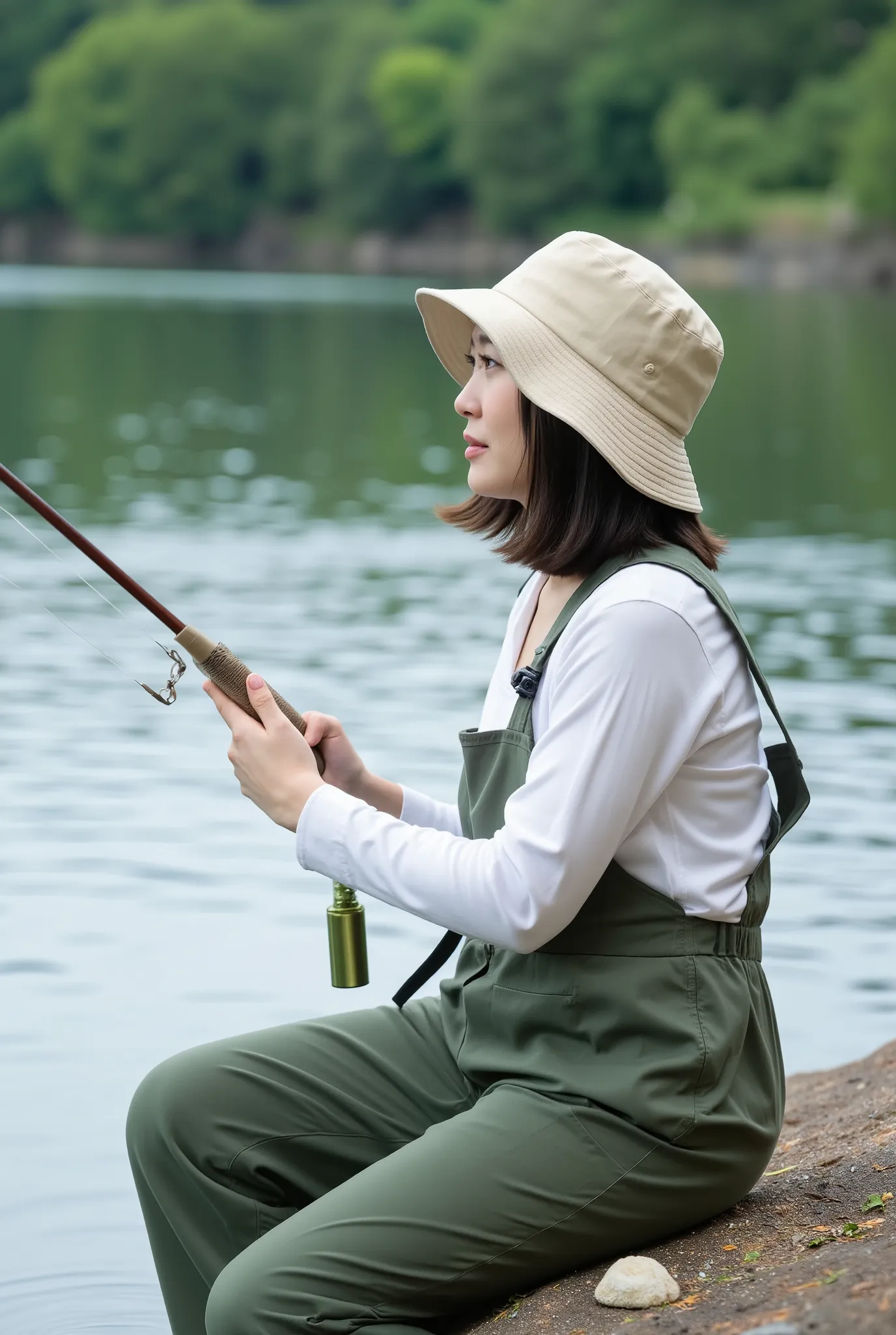 Create a highly realistic, photo-quality image of a japanese woman fishing by a serene lake. The woman is sitting on the edge of the water, holding a fishing rod with a line cast into the lake. She is wearing a light beige fishing vest, a white long-sleeve...