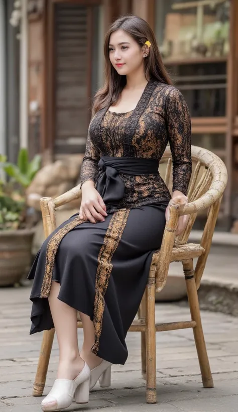  Indonesian-Asian Girl Traditional Asian Dress Javanes Long Sleeves Black. black long skirt. ((Big  2  .3)).  Yellow flowers tucked in the ear . sitting on a bamboo rattan chair . white shoes.  cross legs .   Javanese wooden house background.  Detailed fin...