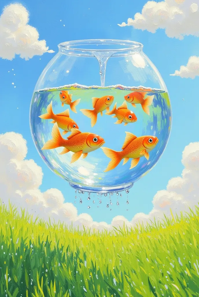 A fish tank on the grass，Goldfish in the air，blue sky and white clouds