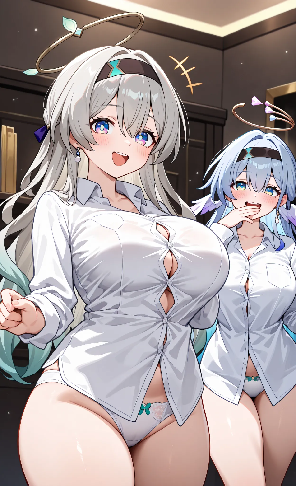  2girls,(long hair, large breasts, looking at viewer, blush, blue eyes, hair between eyes, thick thighs,  green eyes, blue hair, cowboy shot, white shirt,long sleeve,business shirt,white underwear,earrings,  halo, head wings, robin (honkai: star rail), lau...