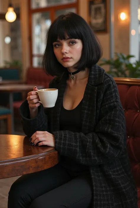 "Realistic full-body image of a 20-year-old Brazilian woman with short, straight black hair, styled like Matilda from Léon: The Professional, with bangs framing her face. Ágatha has warm brown eyes, fair skin with subtle Brazilian features, and a neutral y...