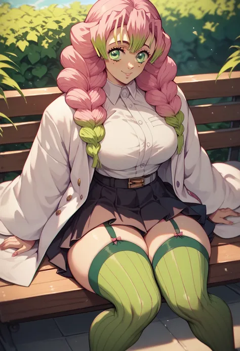 Mitsuri Kanroji big curly pink hair green eyes big boobs black blouse white coat large black skirt healed abdomen thick thighs big sitting on the bench in the square thick thighs big big stockings on the legs Sexy green sitting