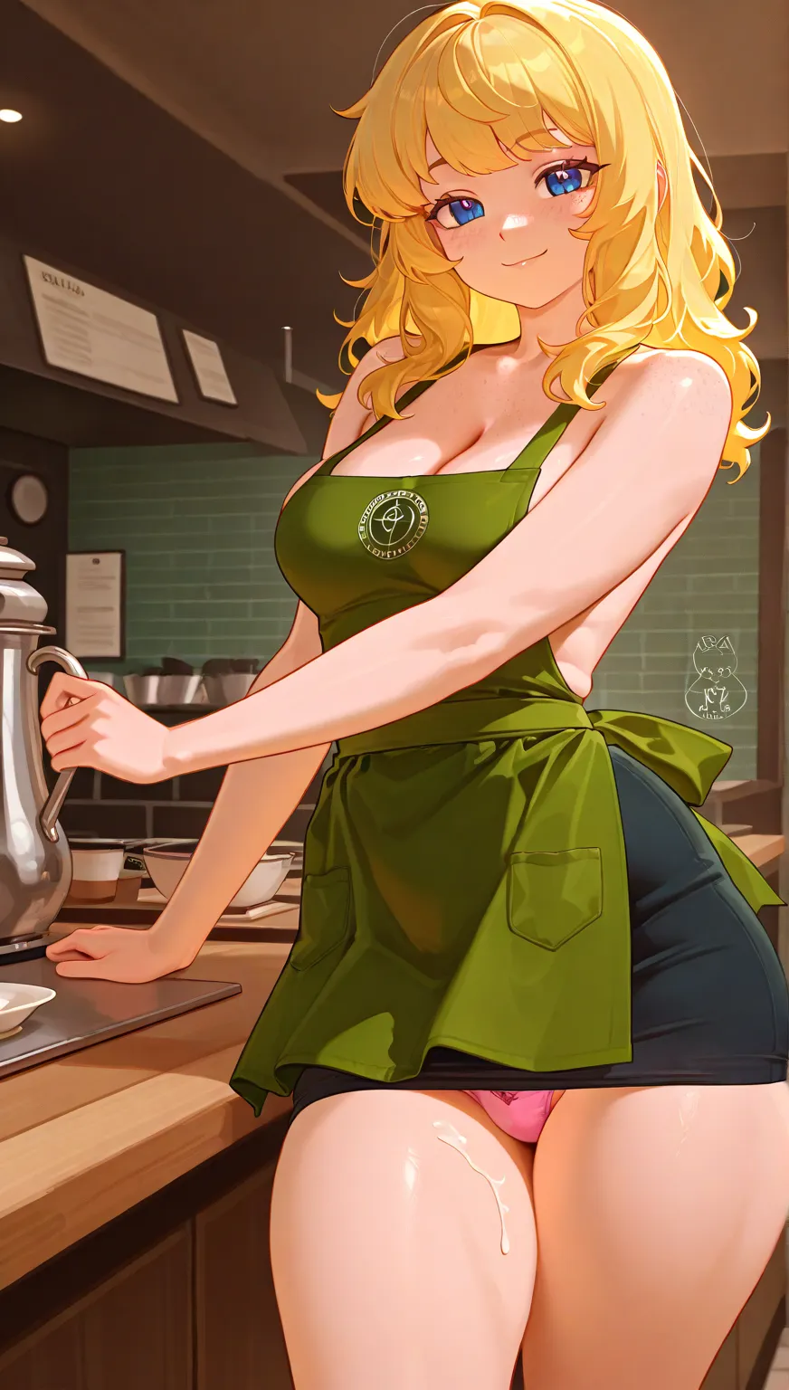 1  boy ,  boy, barista, cafeteria, dark blue eyes , long blond hair, freckles, cross, Green Apron, ShirtleSS, , big thighs, curve, pose de sey, sexy workwear, short skirt, men's pink panties , chief, Small dick,  cleavage,  smile,  small eyes, Cum
