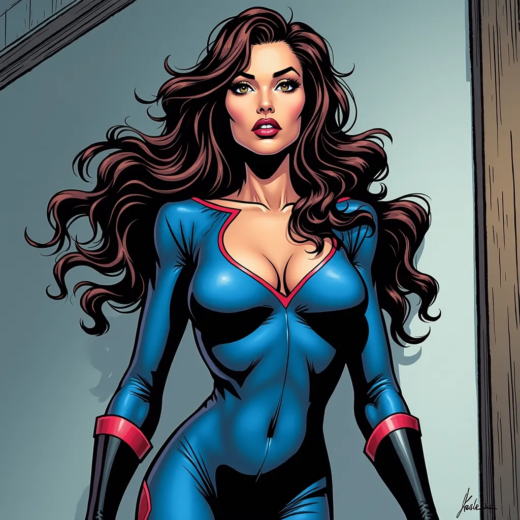 Carol Ferris de DC Comics âgée de 37 ans, mûre et sexy. Elle porte une robe moulante bleu nuit fendue sur le côté, qui épouse parfaitement ses courbes, avec des escarpins noirs vernis. Ses longs cheveux bruns sont lâchés en vagues, et son maquillage est él...