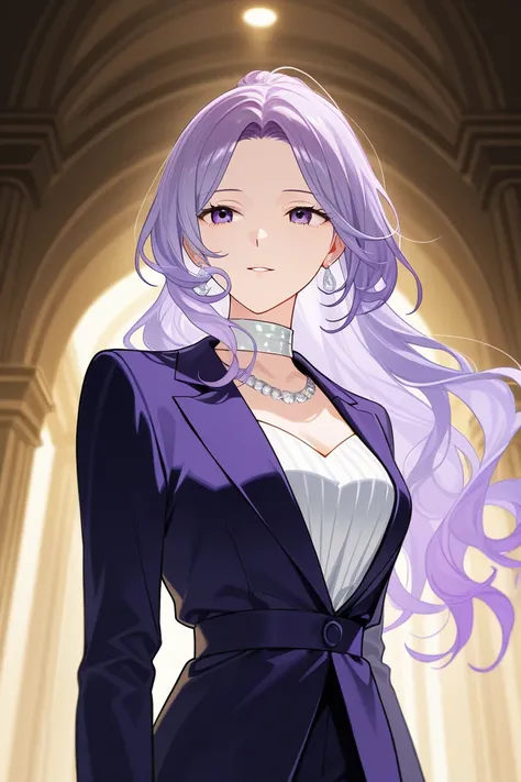 anime screencap, masterpiece, best quality, amazing quality, very aesthetic, newest, 1woman, purple hair, long hair, suit, tall, highres