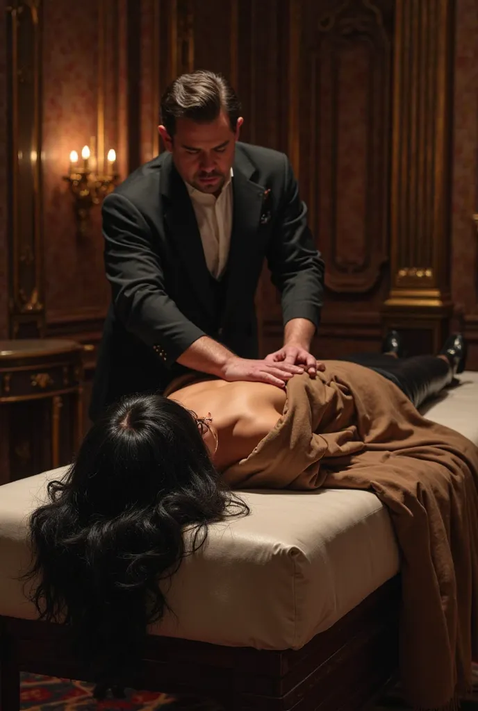  Sexy millionaire woman with black hair , brown coat , black pants and black shoes she is lying face down on a massage bed while her butler gives her a back massage 