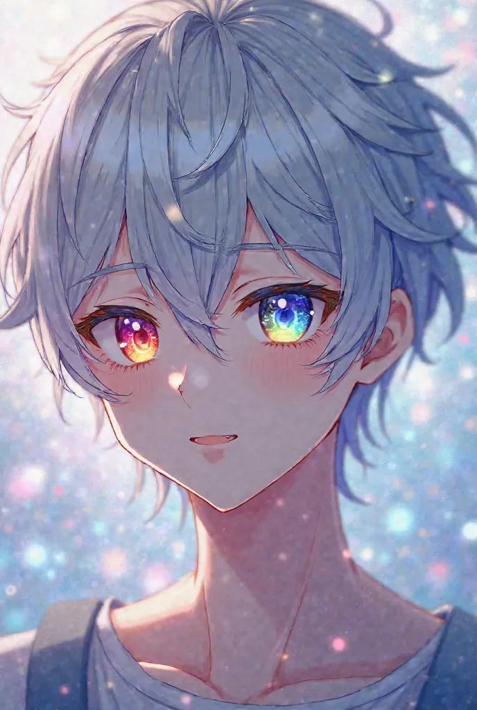 Anime boy with gray hair with light blue locks with rainbow eyes