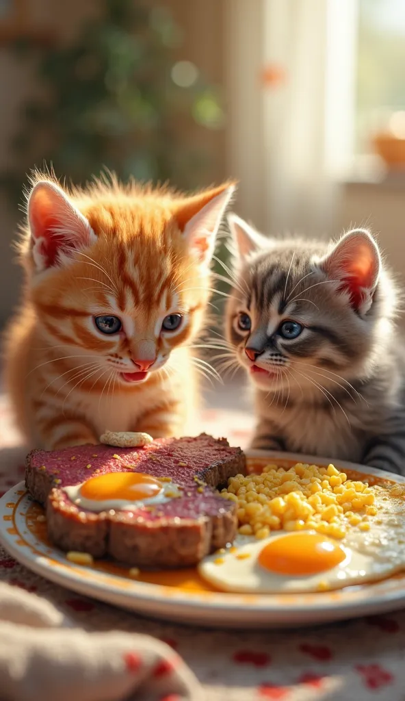 The orange kitten is eating 🍳🥩🥚and the gray kitten is  happy