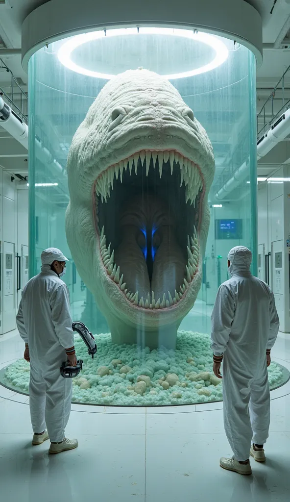 A futuristic, sterile laboratory with a massive glass containment chamber housing a terrifying, deep-sea-inspired creature. The creature resembles a monstrous, otherworldly eel with a gaping, tooth-lined maw, covered in pale, almost decayed-looking skin. I...