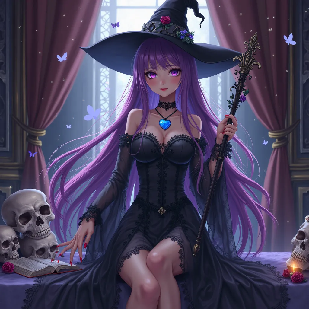 Girl with very purple long hair and white. Black Dress Largo de Encaje. Large blue heart necklace. Beauty. Sensual anime. elegant room. Telón. Roses and Skulls. Butterflies. Purple eyes girl. Girl with athame o varita wicca and grimorio o book. Pírate hat ...