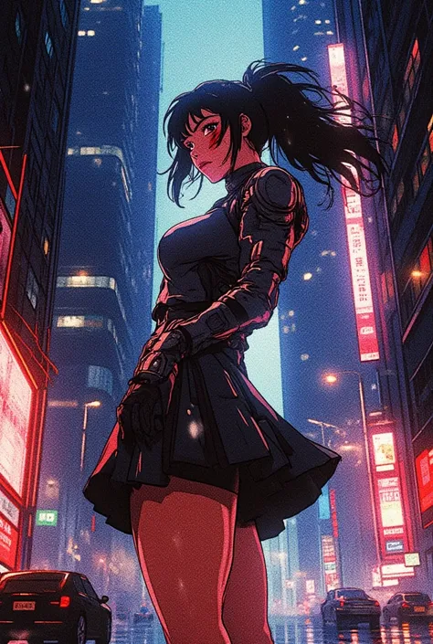 A highly detailed, cinematic digital illustration in a cyberpunk and futuristic anime style, set in a neon-lit dystopian city. The scene is filled with towering skyscrapers, glowing holographic advertisements, and rain-slicked streets reflecting the vivid ...