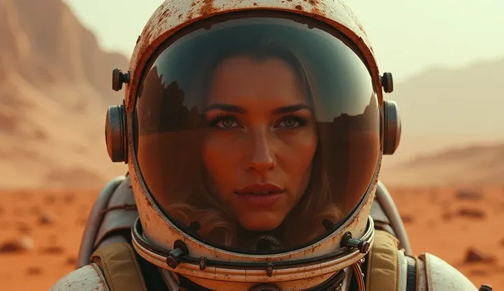 A close-up of an astronaut’s helmet, faintly fogged up by the toxic Martian air. In the background, strange dust storms swirl across the reddish landscape.