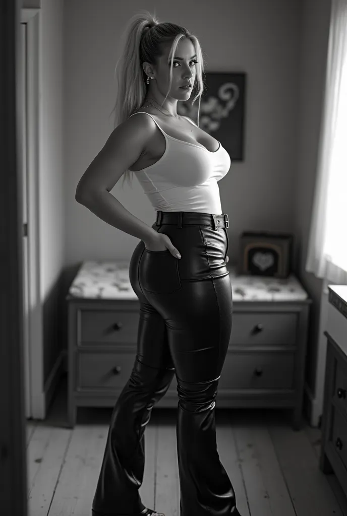 Bbw curvy blonde woman,   ponytail look ,   big breasts,white tight top   , high-waisted leather pants,  platform shoes  , Stand there with your legs apart  ,    submissive gaze   ,  Take a selfie in your cluttered room, Side photo to show buttocks and bre...