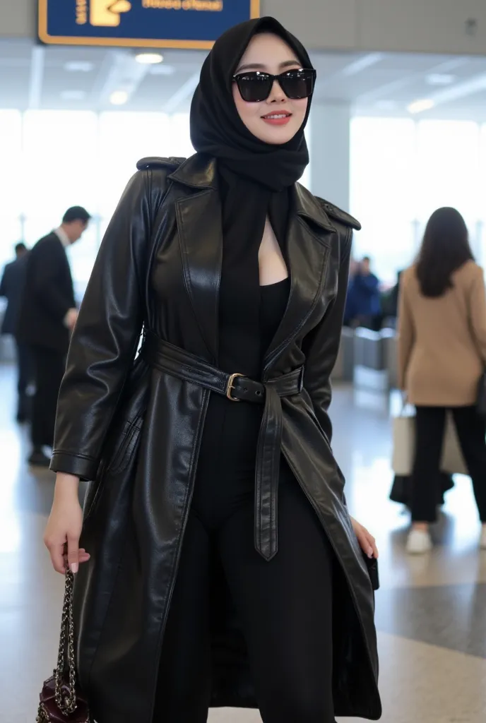 Hyper realistic, Beautiful,no smile Face,  russian lolita Girl, (wearing hijab), rich, high fashion, elite class, wearing sexy oversize glamour leather trench coat, with glamour bag, sunglasses, shiny bra, slightly Chubby , buttock:1.2, White Skin, Smiling...