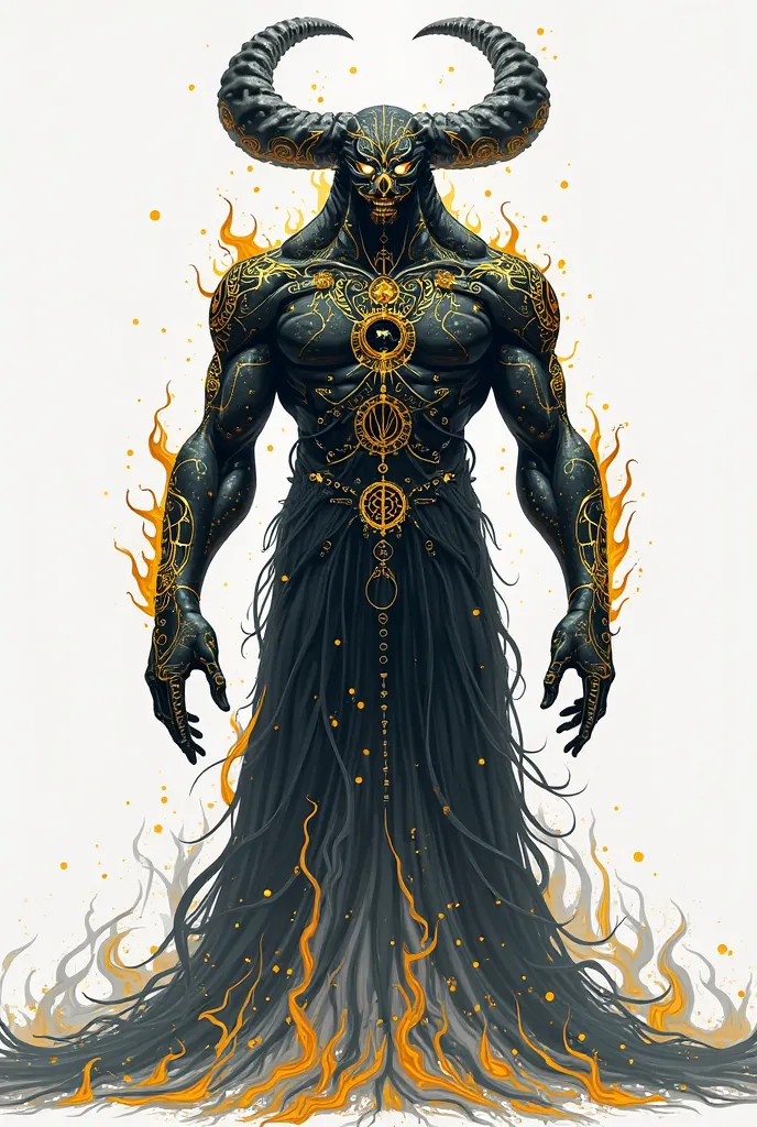 A towering titan, with completely black skin that absorbs light around it, resembling a living shadow or a cosmic galaxy, Attack on Titan Anime-Style. Its body is adorned with glowing golden markings that move like flowing lava, forming ancient symbols. Th...