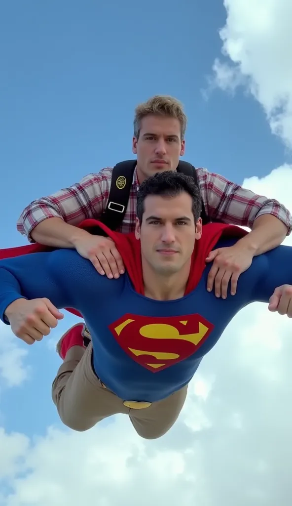  Superman flying .Superman Holding His Blond Journalist Boyfriends In Your Arms. Superman Holding His Blond Journalist Boyfriends Flying In The Sky.Superman looking at the camera in front .
superman: [ middle-aged man of the same age], [ blue superman yell...