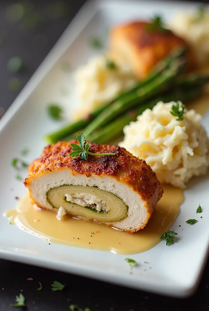 A gourmet plate, of a sliced cordon blue chicken, Mashed potato , a heavy cream sauce with white parsley, edible asparagus and coral. All in small quantities. On a rectangular plate  