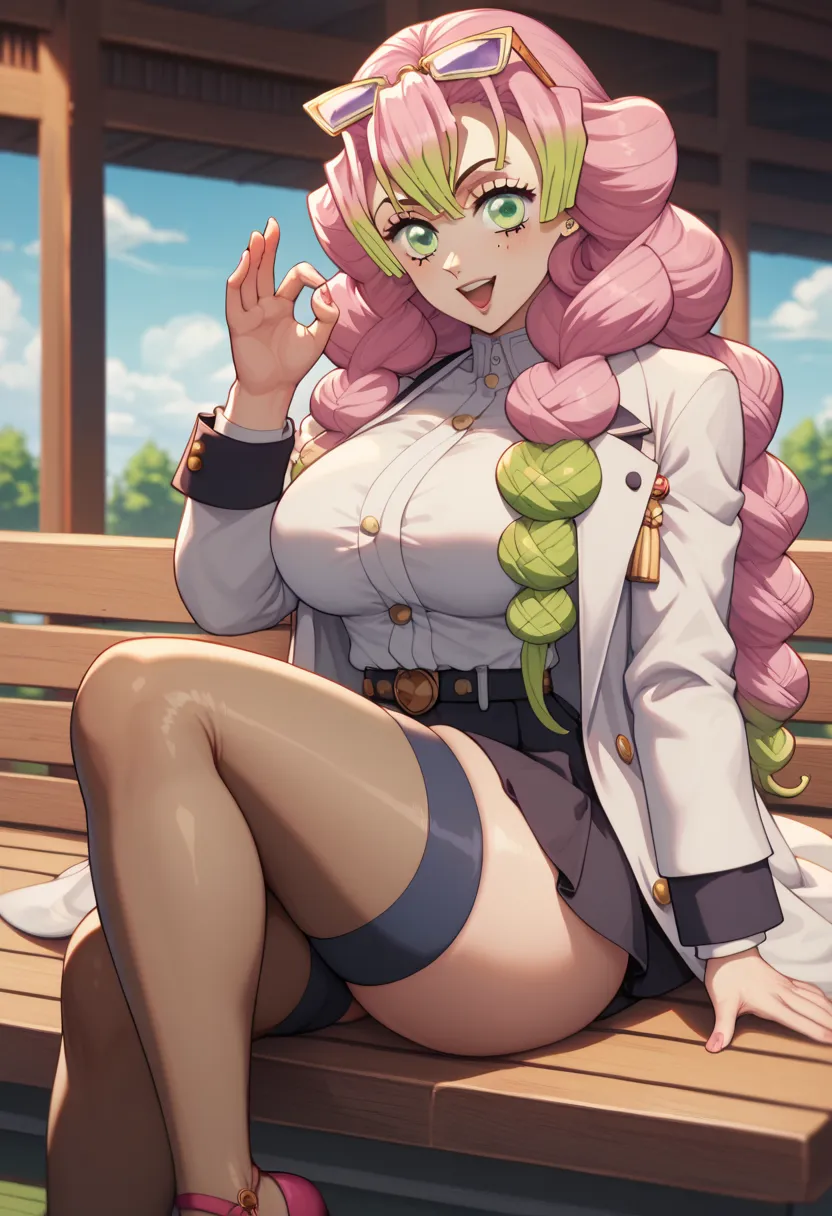 Mitsuri Kanroji big curly pink hair green eyes big boobs black blouse white coat large black skirt healed abdomen thick thighs big sitting on the bench in the square thick thighs big big stockings on the legs Sexy green sitting peitos grandes blusa preta c...