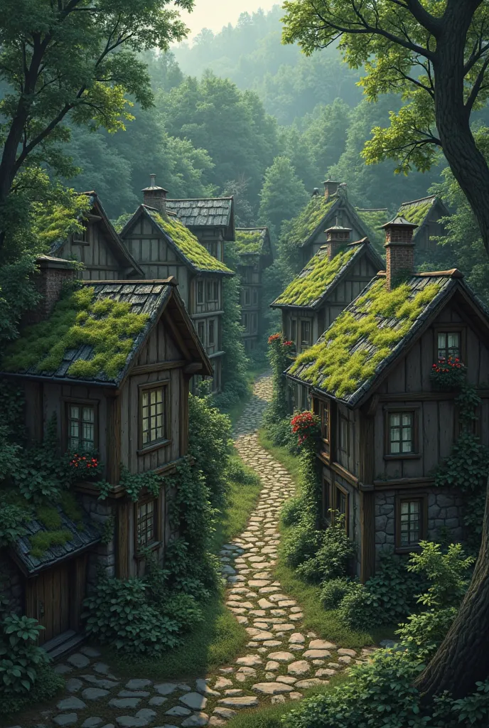 A mysterious town surrounded by the forest and it has simple houses