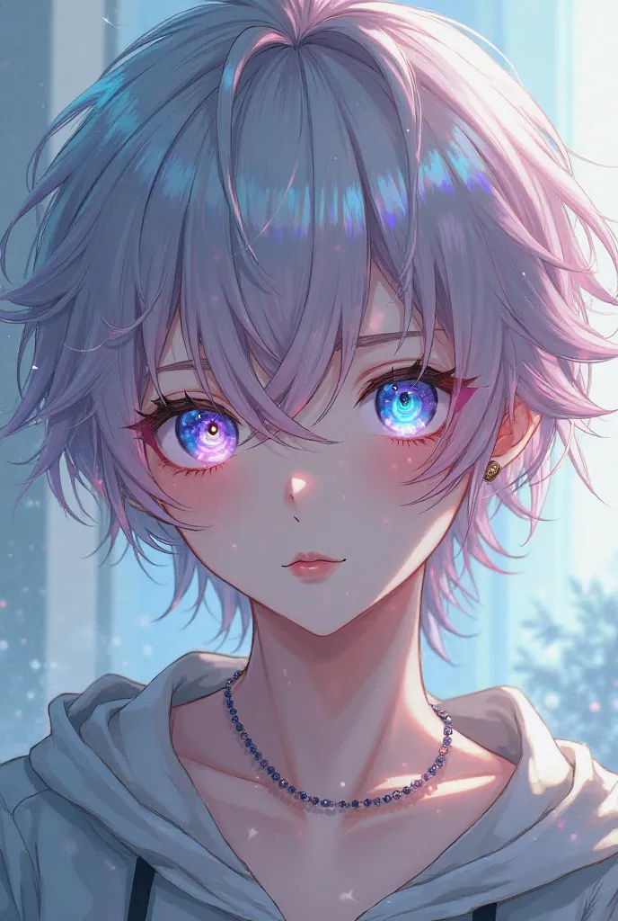 Anime boy with pink hair with gray locks with rainbow eyes