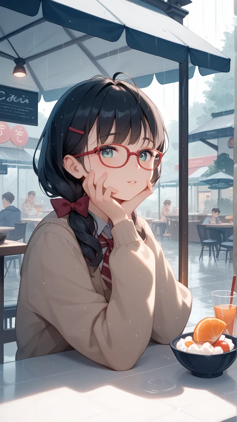 Black hair, glasses, sheltering from the rain