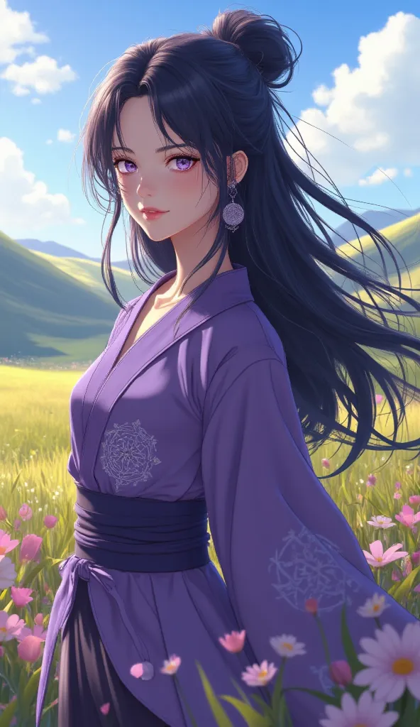 **"Hinata Hyuga, standing gracefully in a serene landscape during the day, wearing her classic purple and lavender ninja outfit with the Hyuga clan symbol, her long dark blue hair flowing gently in the breeze, and her soft lavender eyes filled with kindnes...