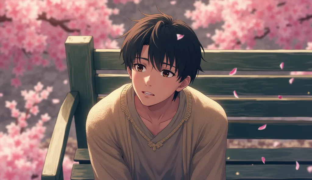 Japanese male young man
Sit on a bench
The expression looks a little sad
Look up at the sky
Clothes knit
Surrounding cherry blossoms
From above the angle of view