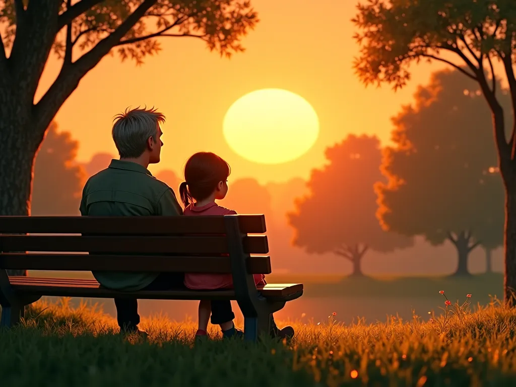 sunset　A man on a park bench２A girl is sitting 　 photos　realism　Nobody　