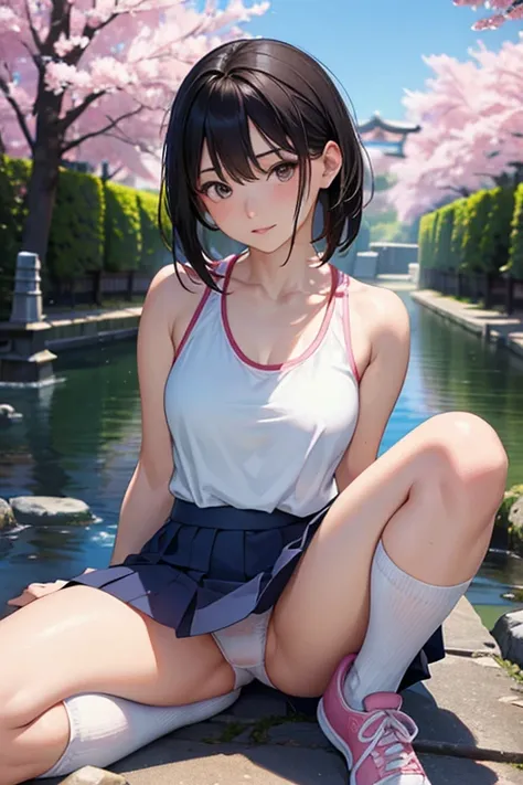 ((8k,Greatest Masterpiece,realistic images,Japanese,Perfect human anatomy,Body balance,Complete Proximity,  girl )),from before, innocent face, gentle eyes,ish, beautiful feet, short white tank top ,short navy blue skirt, black hair, semi-long,noon, bright...