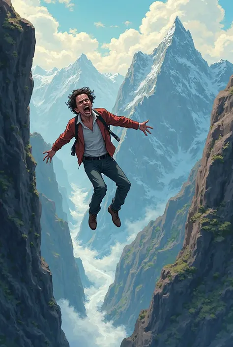 A man commits suicide from a mountain as a cartoon