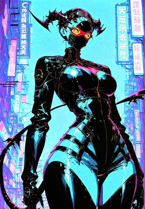  demon girl , green skin, Horns, TAIL , latex costume, robotic gears, breasts, big ass, big hips, devices futuristic, aggressive, brown, standing . Background: cyberpunk city. dark atmosphere