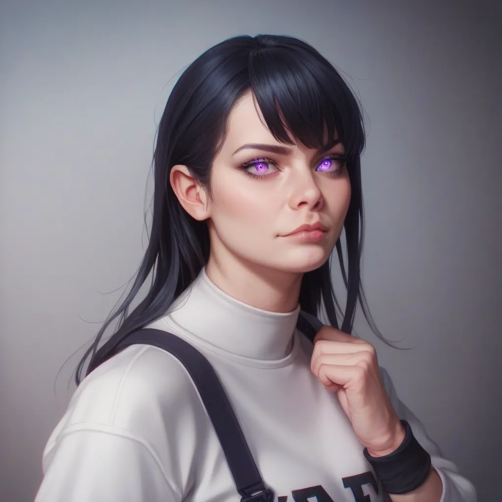 A (1 girl)white pale skin young girl long jet black side bangs black hair glowing tired purple eyes,white long sleeve baseball shirt,black track pants,defined muscle,black wristbands,subtle smirk,thin face,standing still,realistic,detailed,upper body