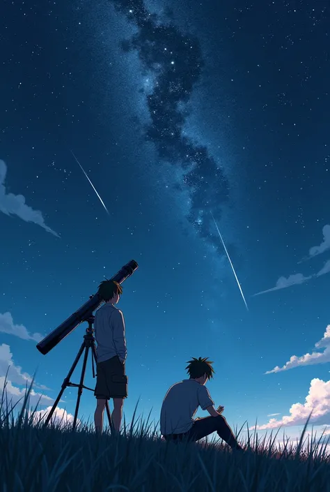 A good quality anime-style book cover image with 2  male agers, one standing and the other sitting. Both on a hill at night with a telescope standing on their backs looking at the starry sky, which has several shooting stars and the Milky Way. 