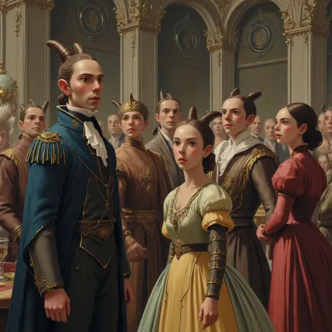 cena: People huddled together in the royal room (people with pointy ears)  elegant clothes, They all look out of the picture. 