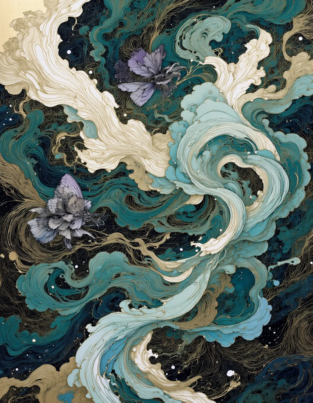 dark green satin base floating gold color string pattern，gradient blue-purple butterfly wing pattern translucent overlapping，Pearl white teardrop spots randomly distributed，edge relief effect showing jade smoke cloud pattern，Surrealist-style interlacing of...