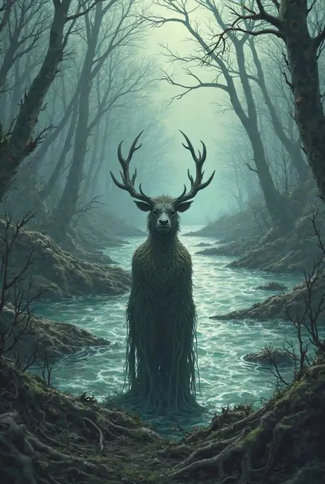 I want an animated image of a  looking at flooded rivers and a felled forest