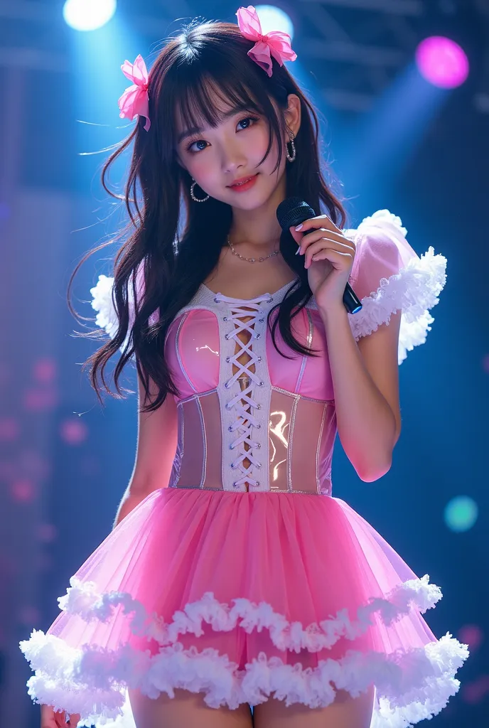 Create a highly detailed, realistic image of a young woman with long, dark hair styled with two small pink bows on either side. She is wearing a vibrant and transparent shinning glossy pink short dress that has a layered, frilly design with white ruffled e...